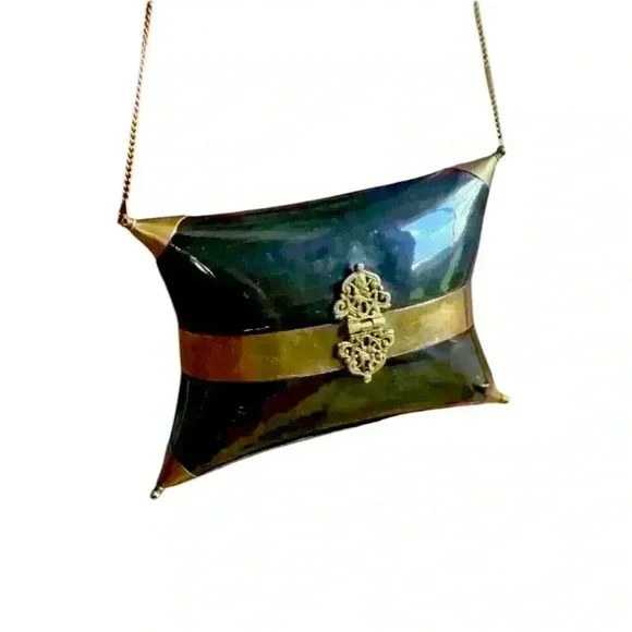 Vintage clutch gold and black purple velvet interior. Rare. Chain handle 18” - Picture 1 of 14